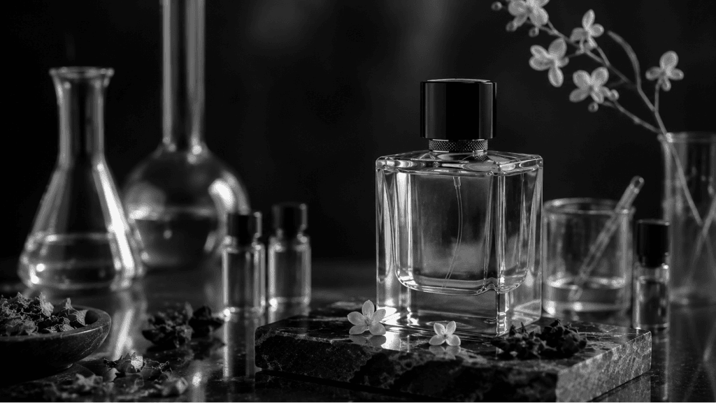 Fragrance bottles arranged in a dark studio