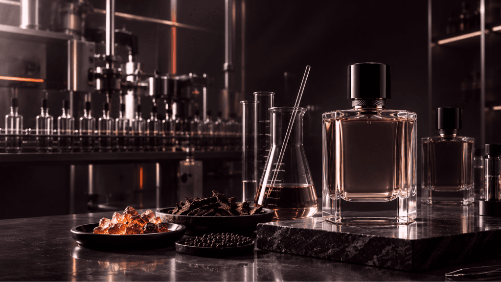 Dark fragrance bottle and laboratory glassware