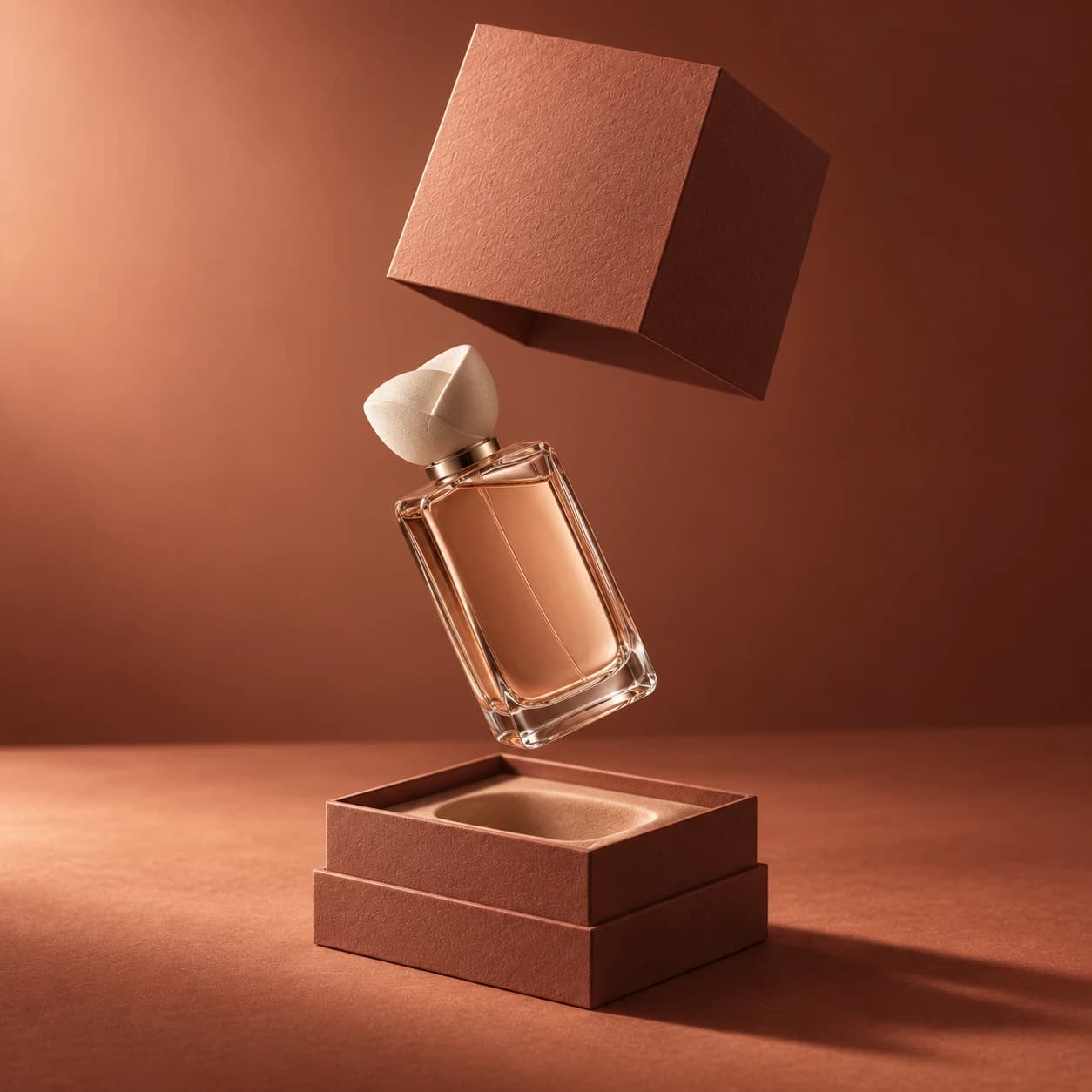 Terracotta two part hard box with a perfume bottle above its insert